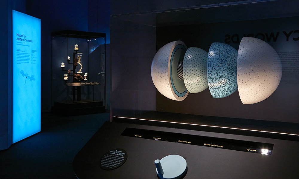 The different layers of a moon are pictured at the space exhibition